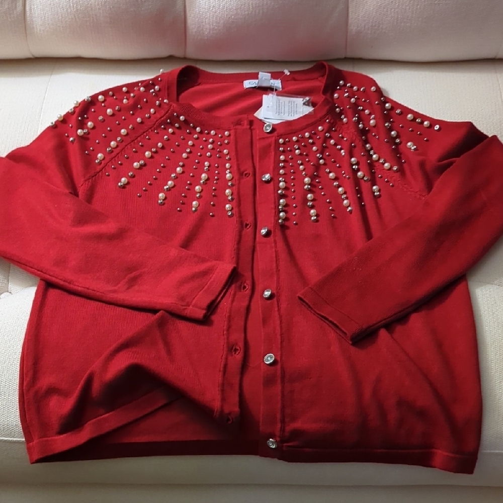 Carmen Marc Valvo Red Embellished Cardigan Sweater